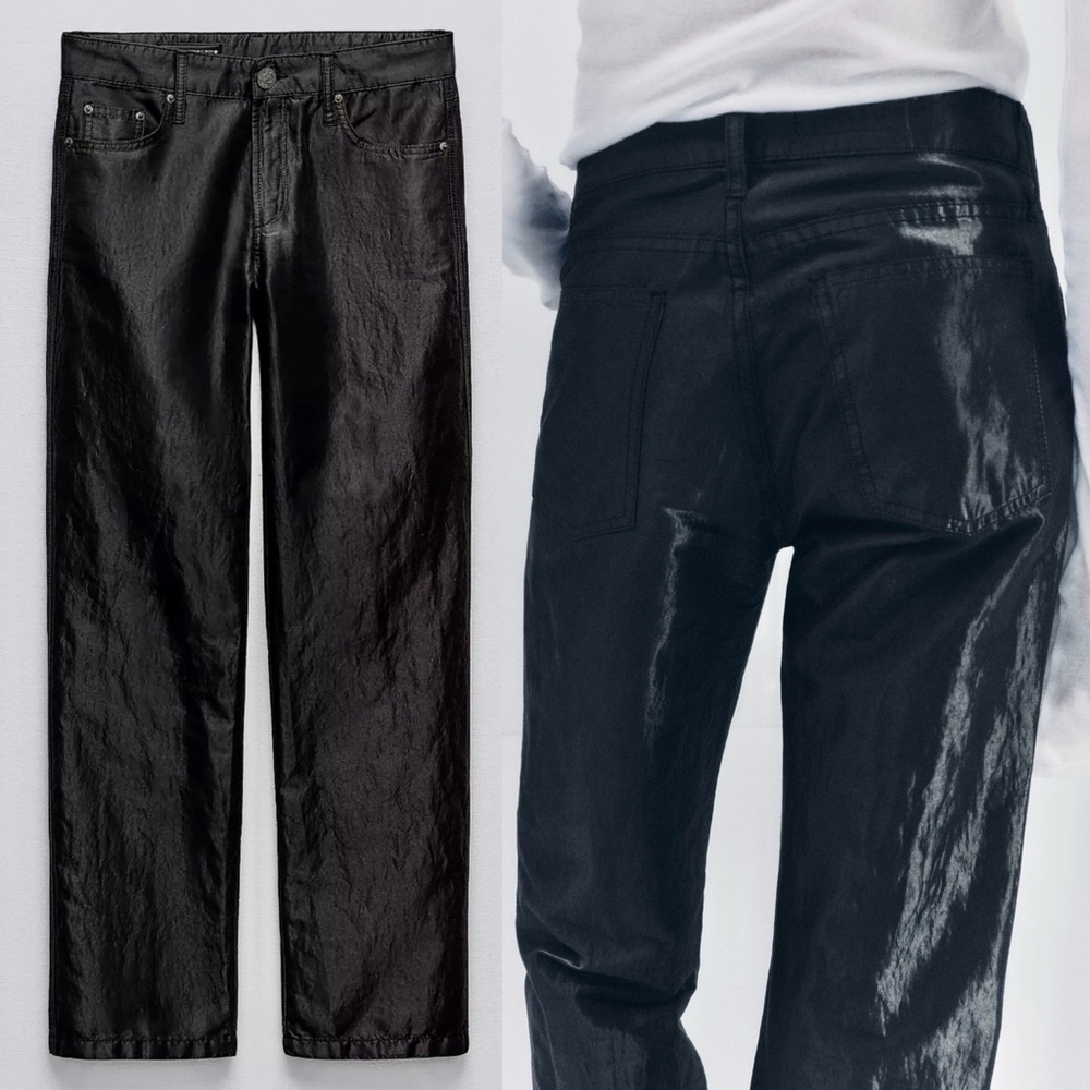 Zara NWT satin effect shiny black mid waist straight leg pants